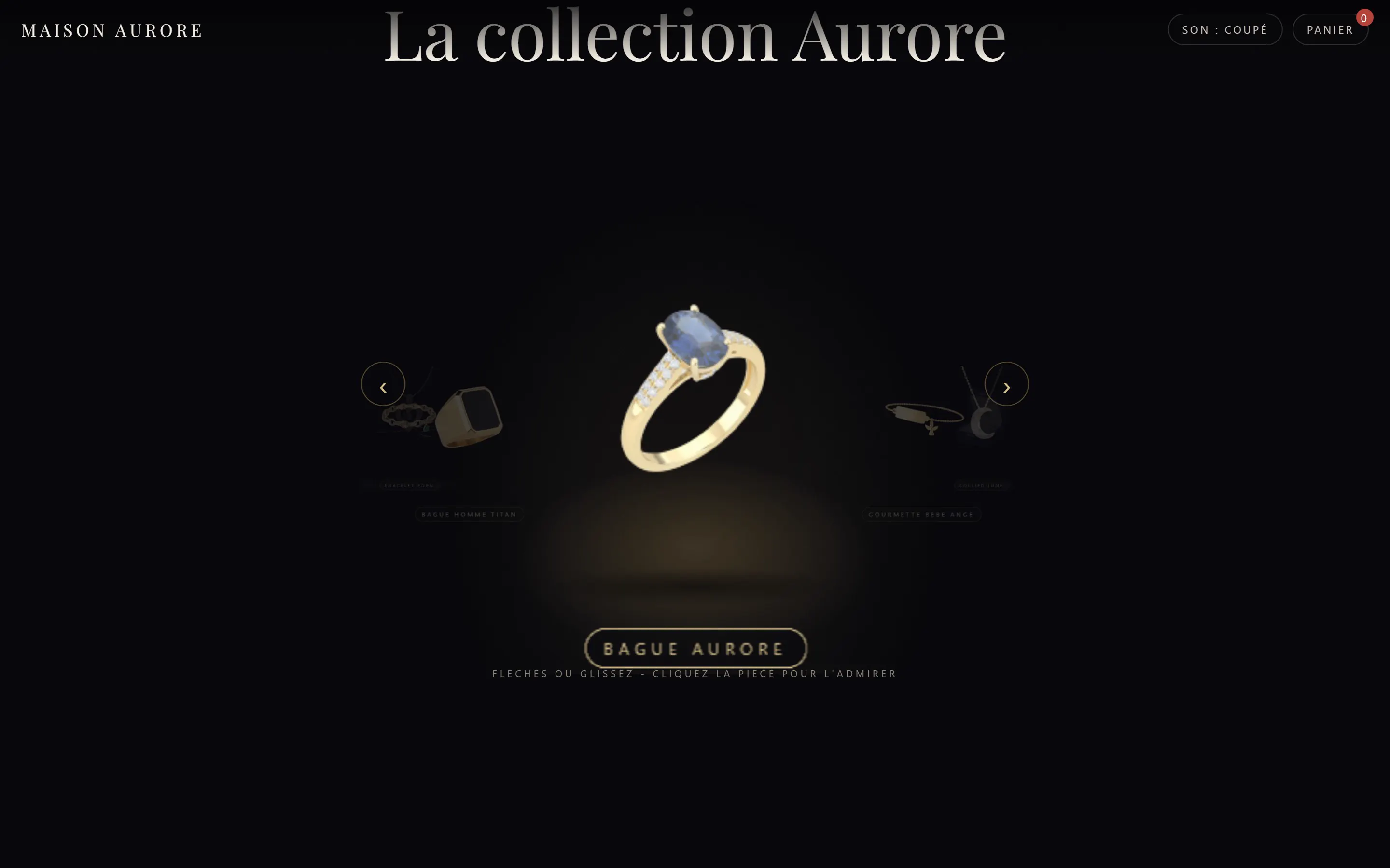 Page d'accueil de la Maison Aurore, une bague pr&eacute;sent&eacute;e en vitrine